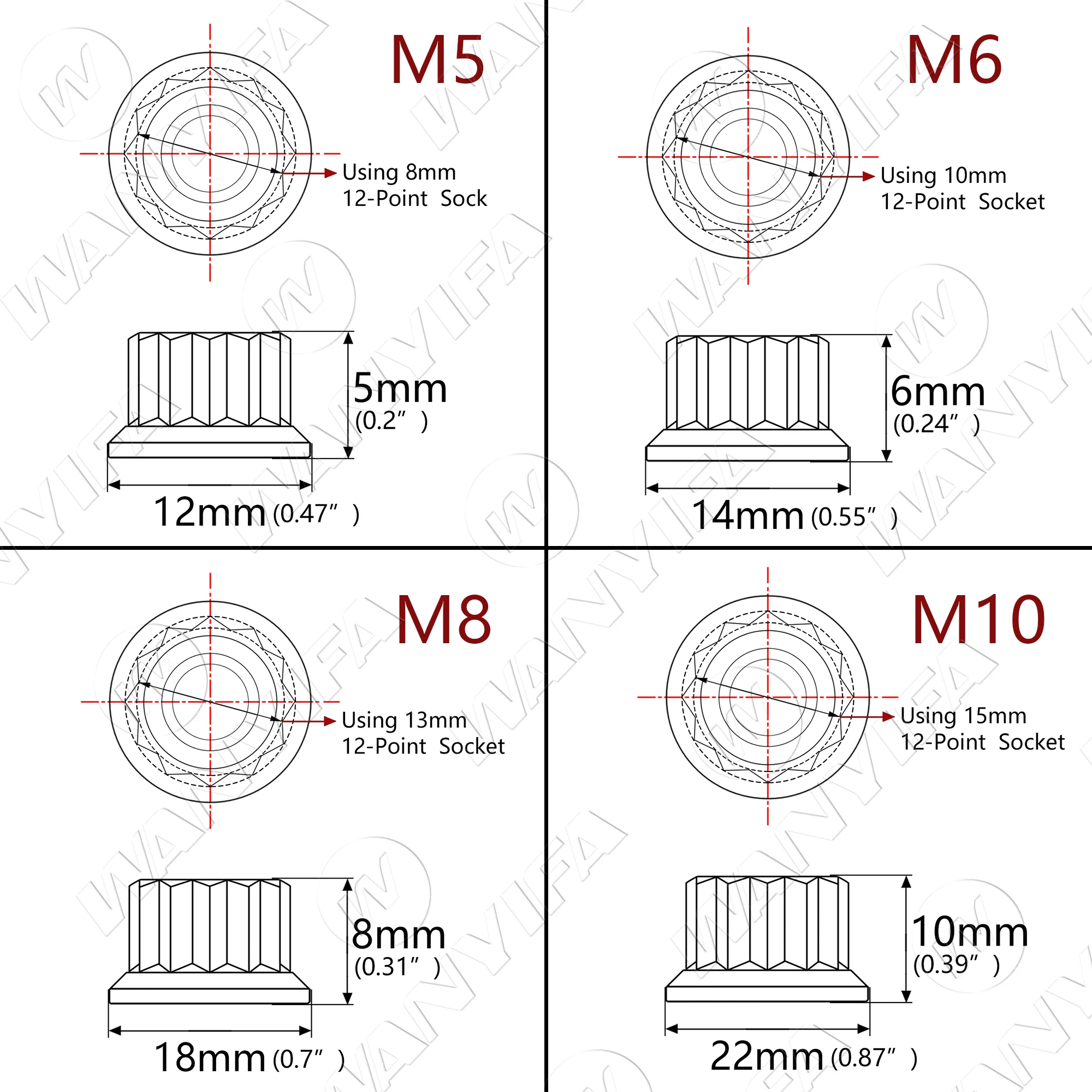 M10 M12 Bi Hex Flange 12 Porcas