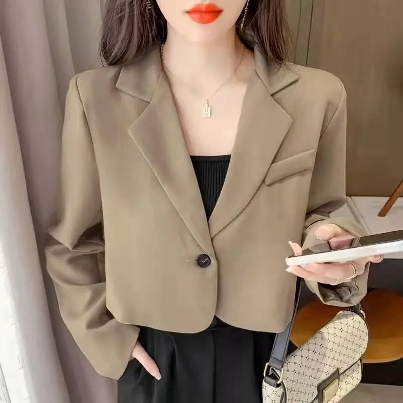 Korean Fashion Cropped Blazers Jacket Women Long Sleeve Office Ladies Streetwear Solid Color Single Button Short Suit Coat New