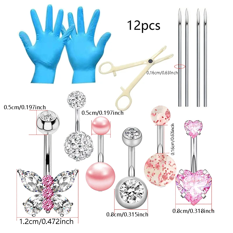 Navel Rings Piercing Jewelry Stainless Steel Cubic Zircon Belly Button Piercing Needles and Clamps Tool For Woman