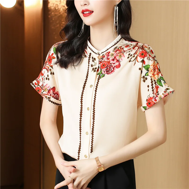

Floral Printed Silk shirt 2022 Short-sleeved Summer Women Tops New fashion Stand-up collar Casual OL Satin blouse