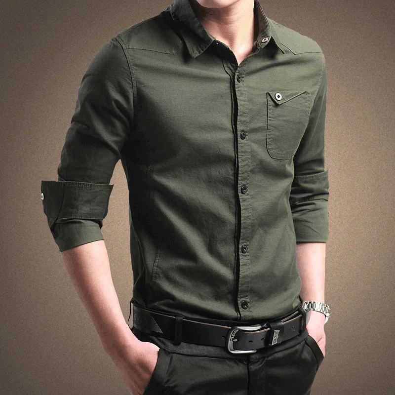 

2023 fall men's shirt long sleeve cotton men's military shirt youth business Korean version slim tide