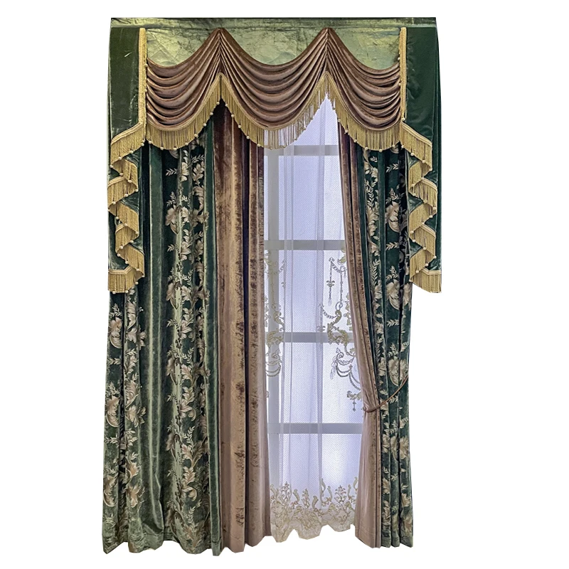 Olive Green Chocolate Brown Embroidery Stitching Velvet Gilt Curtains for Living Room Bedroom French Window Villa Customized