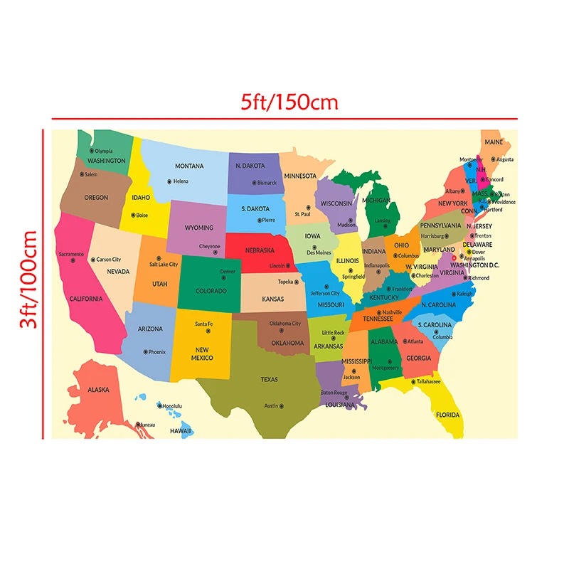 The USA Map In English 150*100cm Canvas Painting Wall Art Poster and Prints Office Supplies Living Room Home Decoration