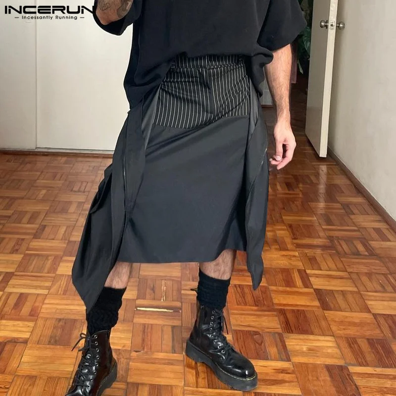 

INCERUN 2023 American Style New Men Fashion Skirts Pants Casual Streetwear Striped Solid Loose Fake Two-piece Skirt Shorts S-5XL