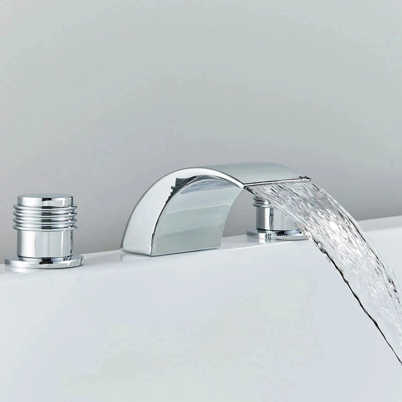 

Chrome Finish Deck Mounted Bathroom Faucet Set 3 Holes Dural Handles Bathroom Waterfall Mixer Tap 855888