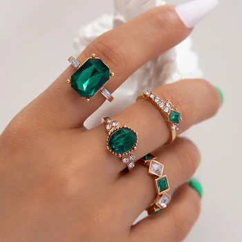Green Color Square Oval Crystal Stone Ring 1