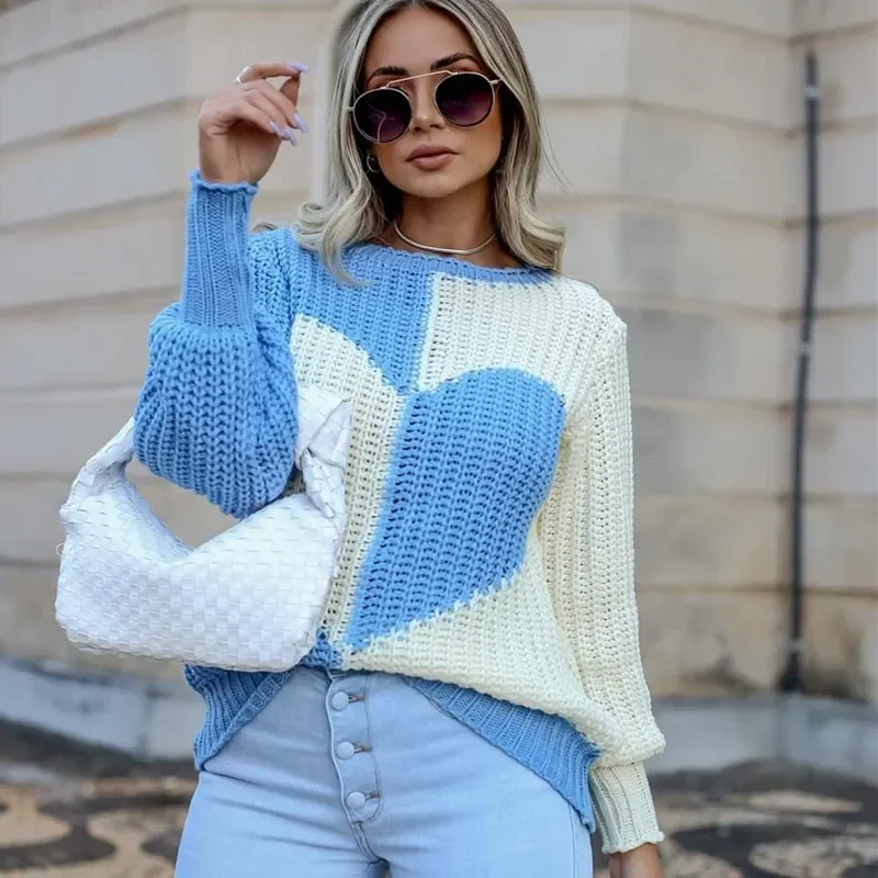 

Ladies Elegant Flare Sleeve Love Contrast Color Knitted Sweater Round Neck Cotton Casual Patchwork Thick Winter Women Outfits