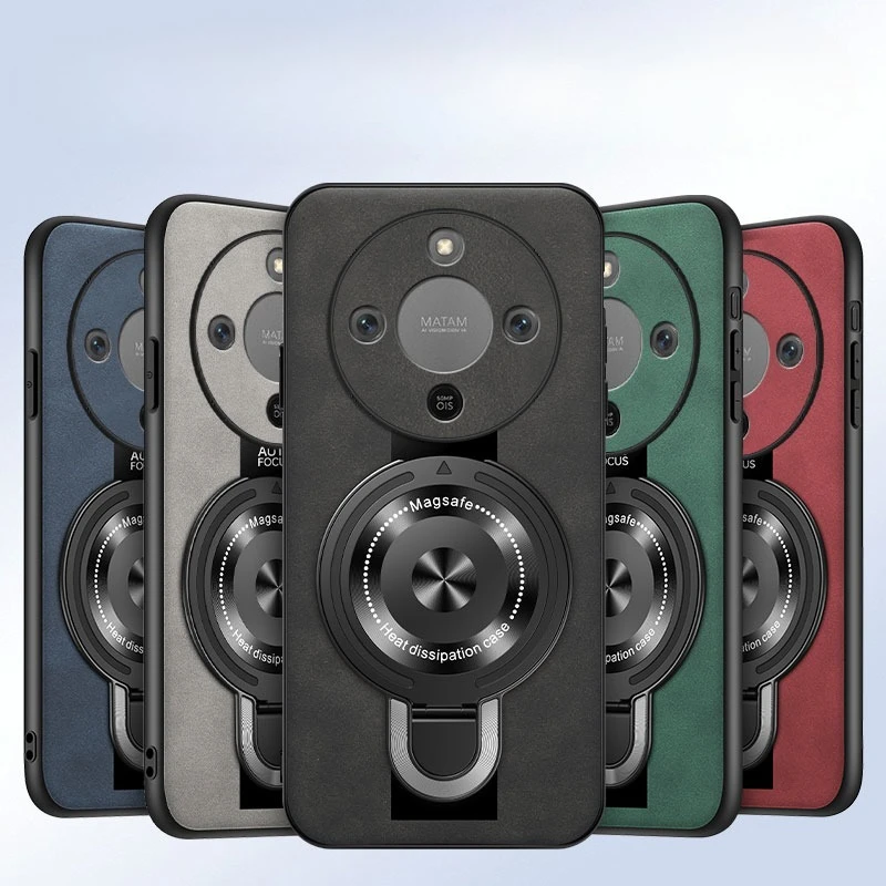 Magnetic Wireless Charging Ring Holder Leather Shockproof Case with Bracket