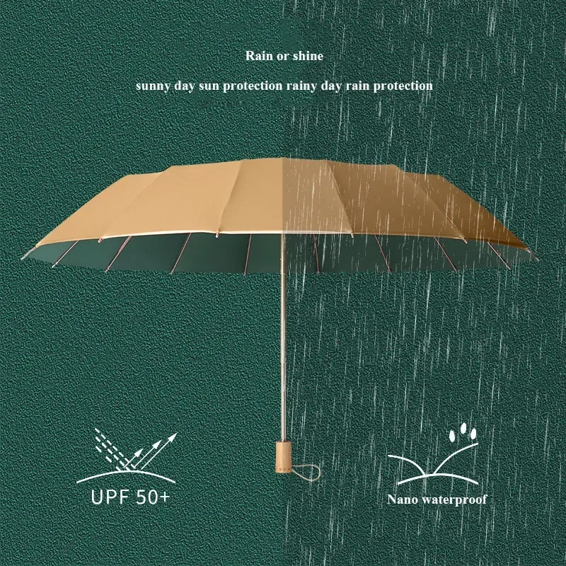 Windproof Folding Umbrella for Men and Women UV Shade Gold Glue Sun Protection Sunny and Rainy 16 Bone