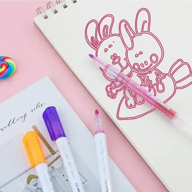 8 색 더블 라인 개요 아트 펜 마커 펜 학생용 아트 펜 DIY 낙서 형광펜 스크랩북 글 머리 기호 일기 포스터 카드