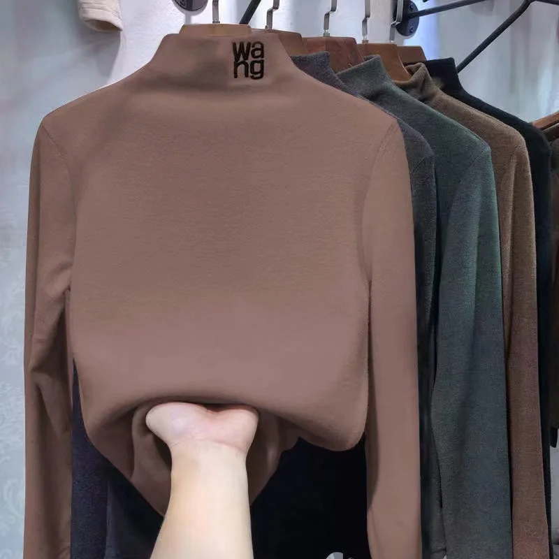 

Women New Winter Long-Sleeve German Velvet Half High Neck Bottom Shirt Fat Female Oversize Warm Add Large Size Turtleneck Tops