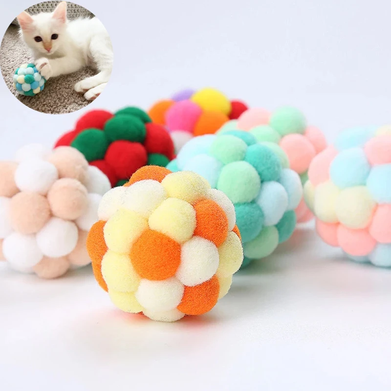 PetCatToyColorfulHandmadeBouncyBallKittenToysPlushBellBall