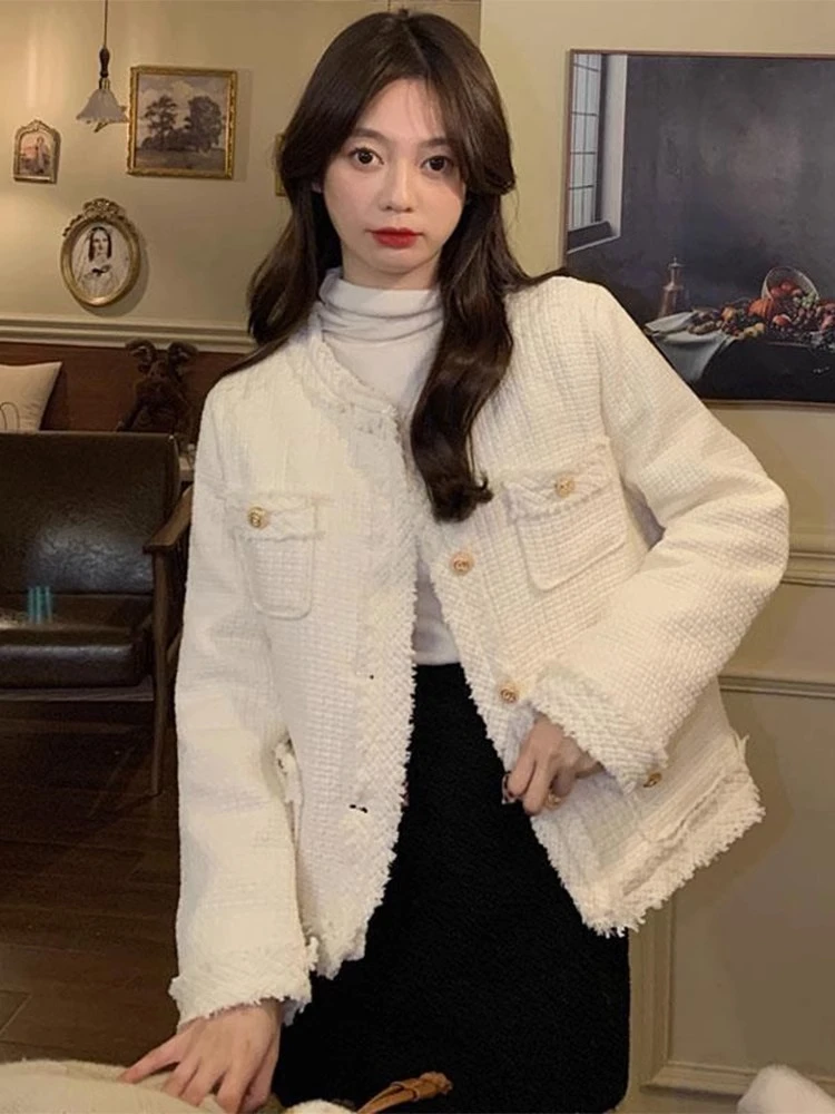

JAMERARY Autumn Winter Single Breasted Tweed Jackets Women Woolen Coats