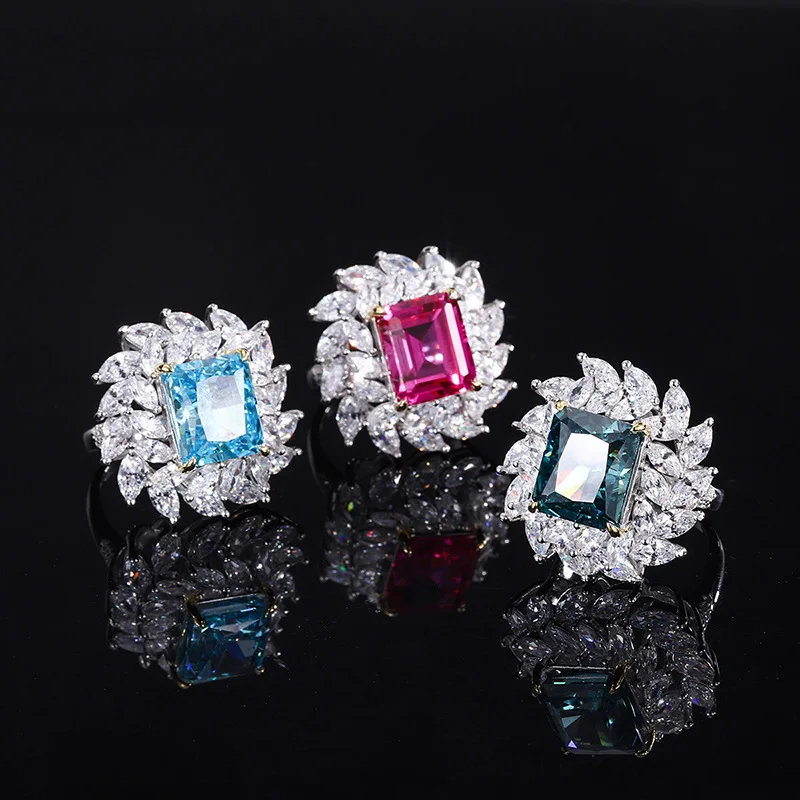 

S925 Full body silver Tiktok popular women's jewelry color treasure tourmaline Palaiba full diamond closed ring main stone 12 *