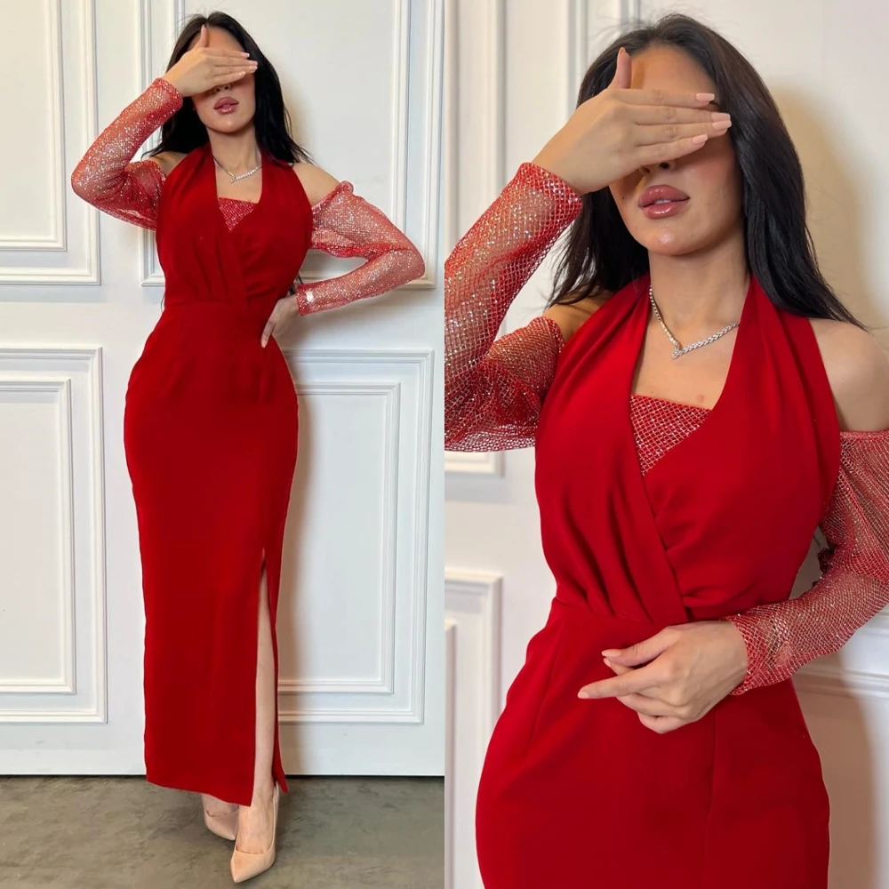 

Prom Dresses Elegant Slit Halter Off the Shoulder Sheath Long Sleeve Party Dress Ankle Length Formal Evening Gowns 칵테일드레스