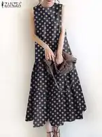 ZANZEA Women Sleeveless Polka Dot Printed Holiday Sundress 2024 Summer Bohemian Vintage Party Midi Dress Fashion Ruffled Vestido - Image 3