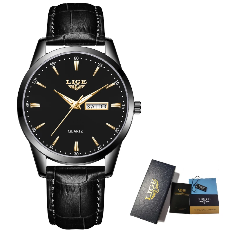 LIGE Fashion Luxury Quartz Men Watch Business Leather Band Auto Date Watches for Men Luminous Waterproof Sport Wristwatch Clocks