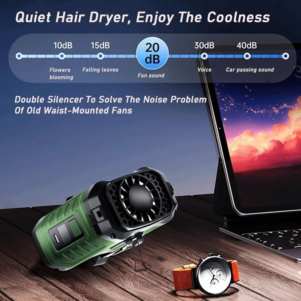 휴대용 허리 팬, 10000mAh 보조 배터리, LED 조명, 목걸이 팬, 5단계 속도 조절 USB 팬 클립, 야외 작업용 냉각 팬