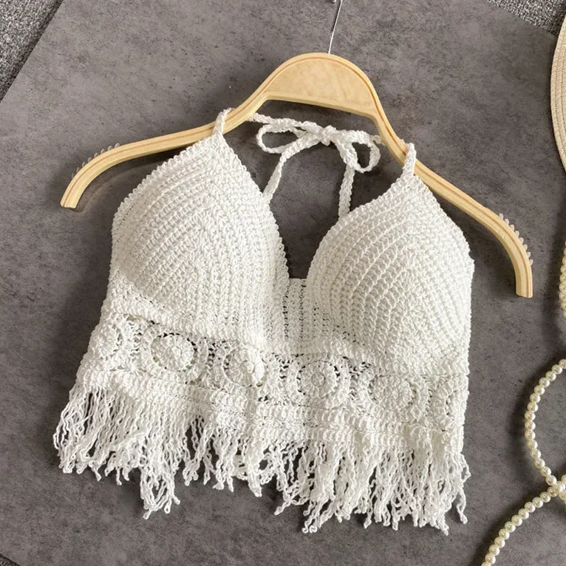 2024Sexy Beach Holiday Camisole Halter Women Crochet Knit Swimsuit Bra Backless Vest Hollow Tassel Tank Top Women's Crop Tops