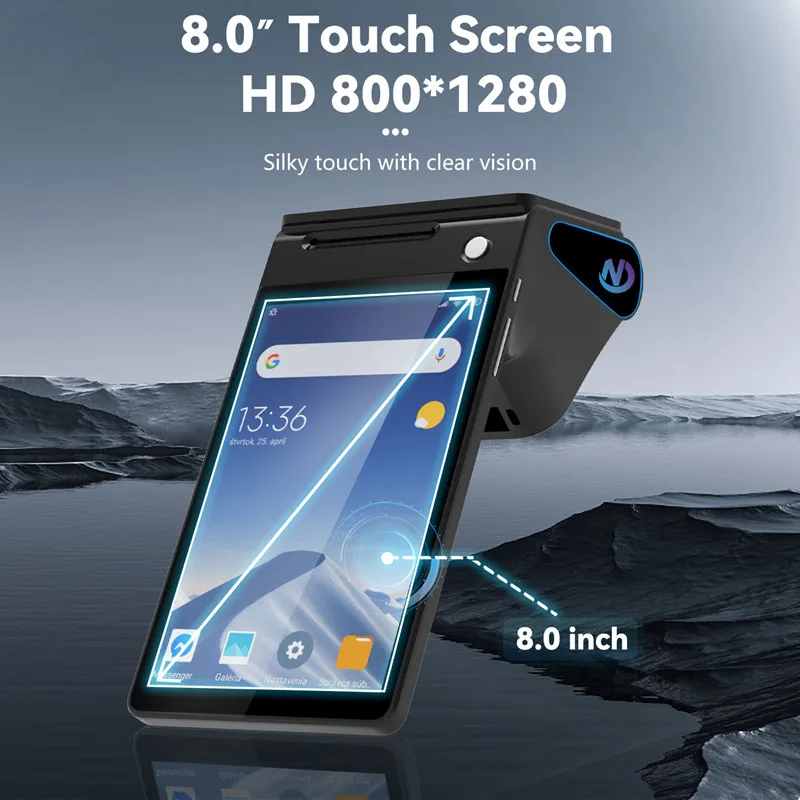 Z108 안드로이드 14 듀얼 스크린 데스크탑 POS 기기, 8인치 터치 디스플레이, NFC 스캐너, 58/80mm 감열 프린터 탑재 POS 단말기