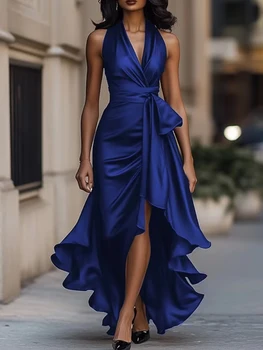 Elegant Satin Halter V-Neck Dress for Women's Ruffle Irregular Hem Lace-up Sexy Sleeveless Party Evening Wedding Guest Dress