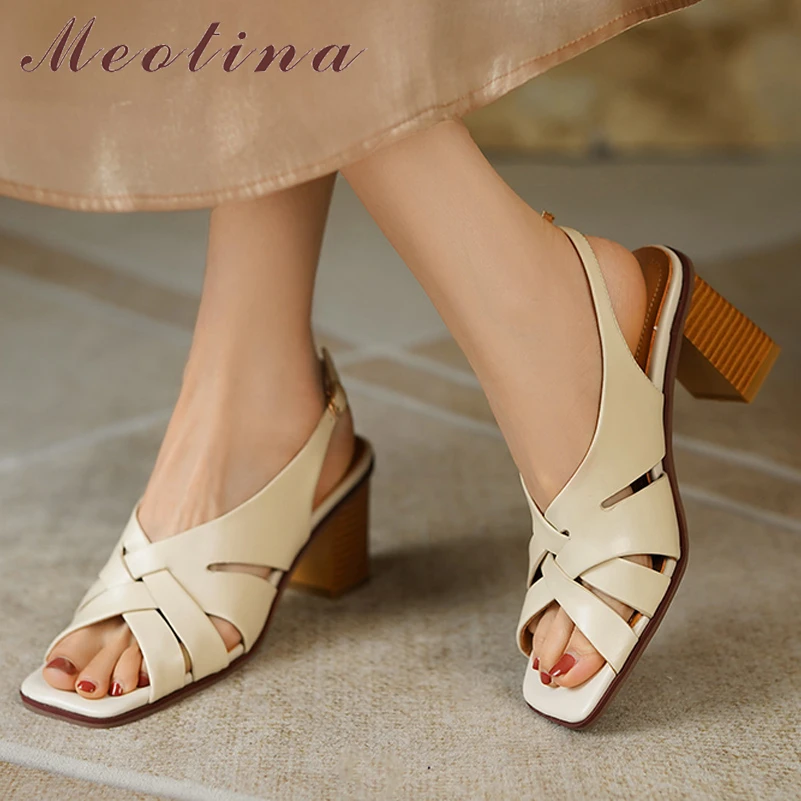 

Meotina Women Genuine Leather Chunky High Heel Sandals Buckle Narrow Band Ladies Fashion Casual Shoes Summer Beige Brown 40
