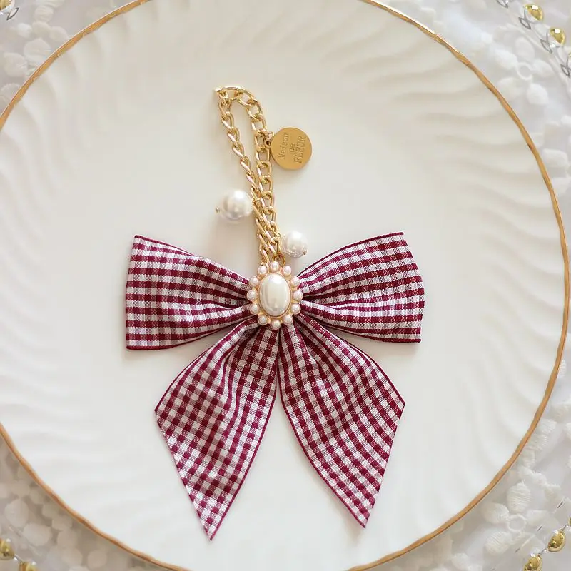 Japanese Cute Girls Pearl Rhinestone Gem Bow Bag Charms Handmade Dream Plaid Lace Handbag Pendant Sweet Bag Accessories