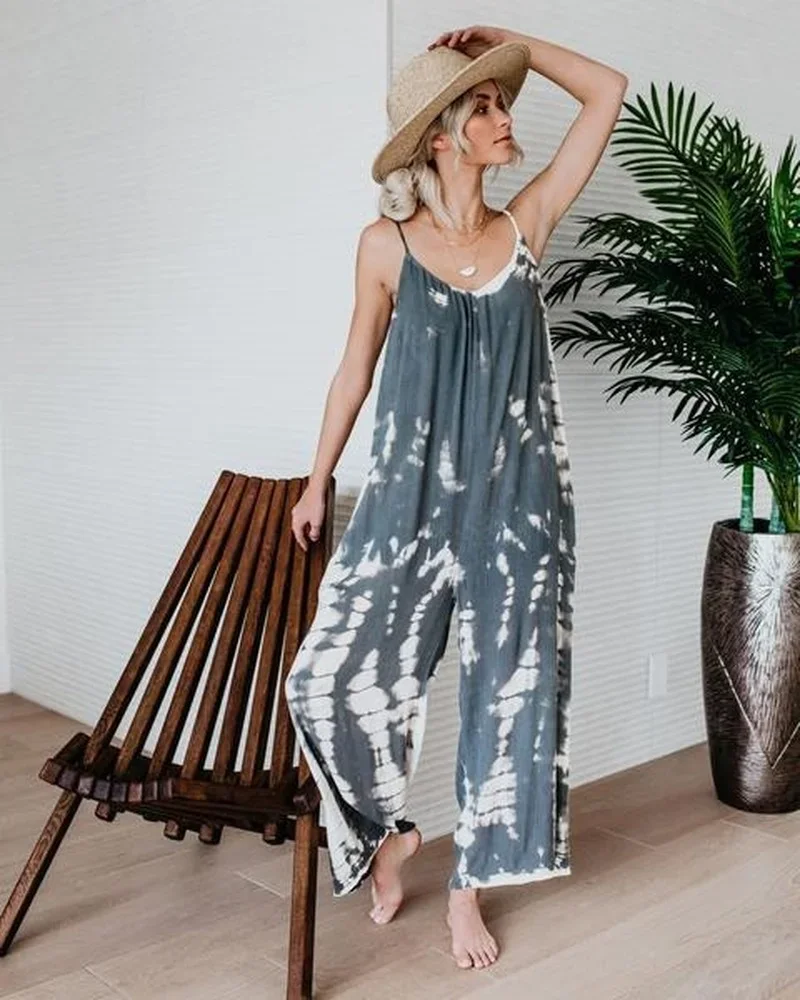 Summer Loose Sling Tie Dye Printed Jumpsuits Women 2021 Fashion Casual Folds High Waist Wide Leg Rompers Boho Streetwear Female 2021 solid color pockets wide leg pants jumpsuits women summer new casual bow sling loose rompers one piece outfit boho female