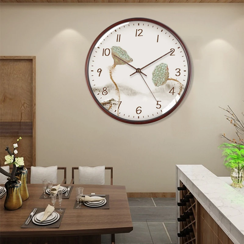 

Oriental Art Wall Clock Living Room Round Wood Stylish Wall Watch Bedroom Quartz Silent Simple Design Chambre Home Decor