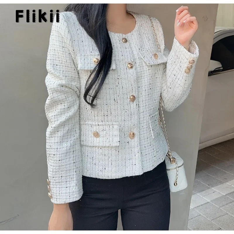 

2023 Winter Luxury Style Single Breasted Round Neck Jacket For Women Office Lady Casual Fashion Slim Fit Elegant Chic Coat