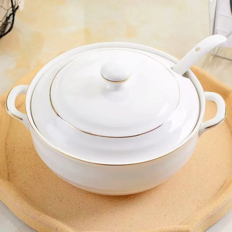 Ceramic Soup Pot Nordic Phnom Penh White Round 1.4L Large Bowl with Lid Cooking Utensils Household Kitchen Supplies Tableware