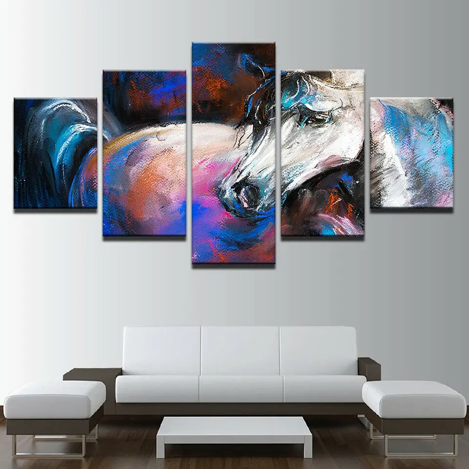 

Abstract White Horse Animal Painting 5 Panel Canvas Print Wall Art Home Decor HD Print Pictures Poster No Framed 5 Piece