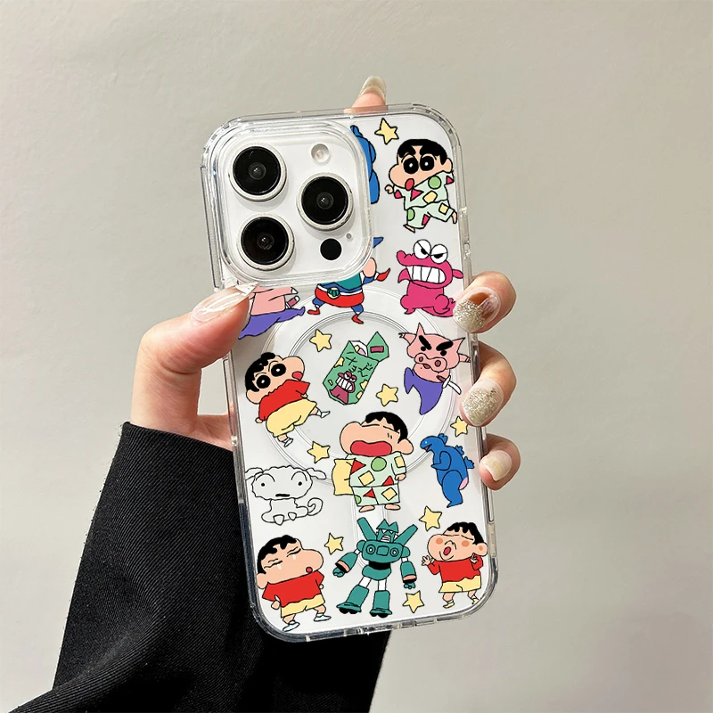 C-Crayon S-ShinChan kabellose Ladehülle für iPhone 17 Air 16 E 15 14 Plus 13 12 Mini 11 Pro Max, transparente Silikonhülle