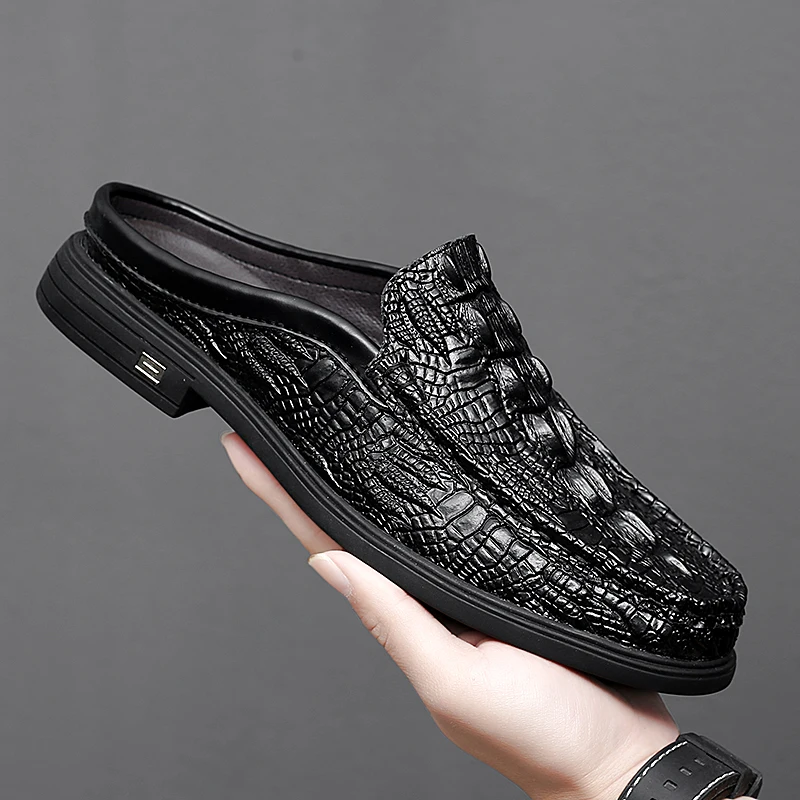 

Summer Classic Half Shoes men Genuine Leather Crocodile pattern man Half Slippers Casual Outdoor Mules Non-slip Moccasins hombre