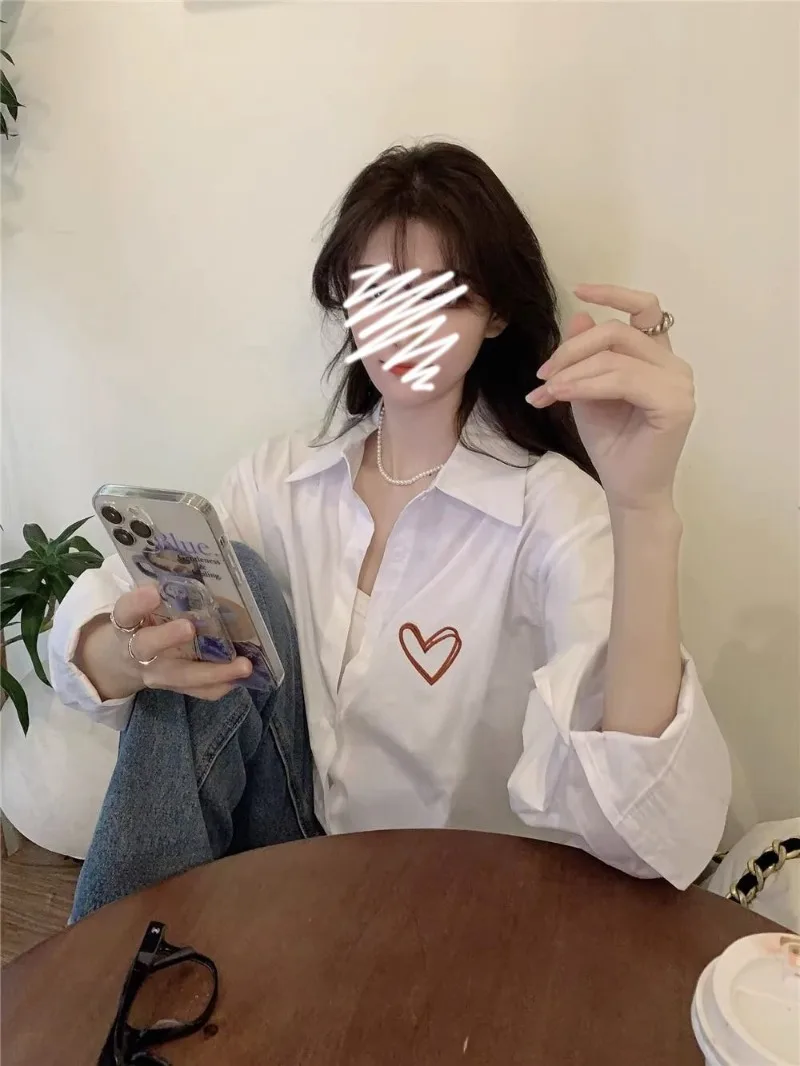 XEJ Chiffon Blouse for Women Women's Clothing Summer 2024 Silk Blouse WomenEmbroidered Love Shirt Women's Long Sleeve Top