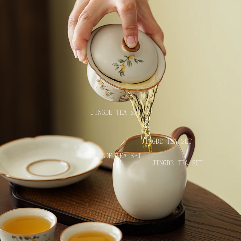 Ceramic Beige Ru Kiln Three Piece Lid Bowl Single Anti Scald with Lid Tea Making Bowl Tea Cups Gaiwan Set Gaiwan for Tea