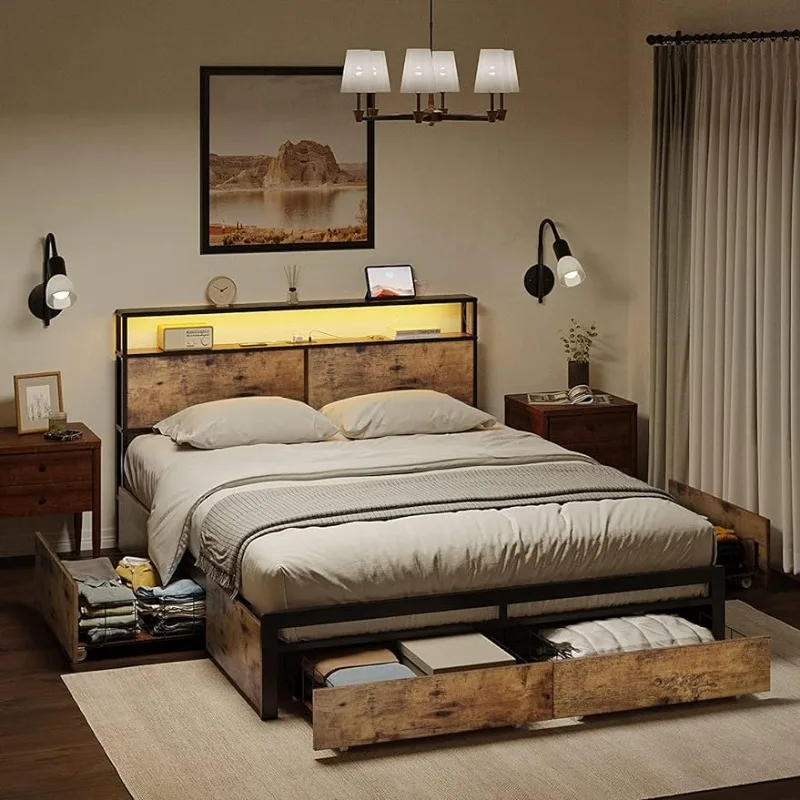 

HAUSOURCE Queen Bed Frame with Storage Headboard and 4 Drawers LED Lights Metal Platform Non-Slip