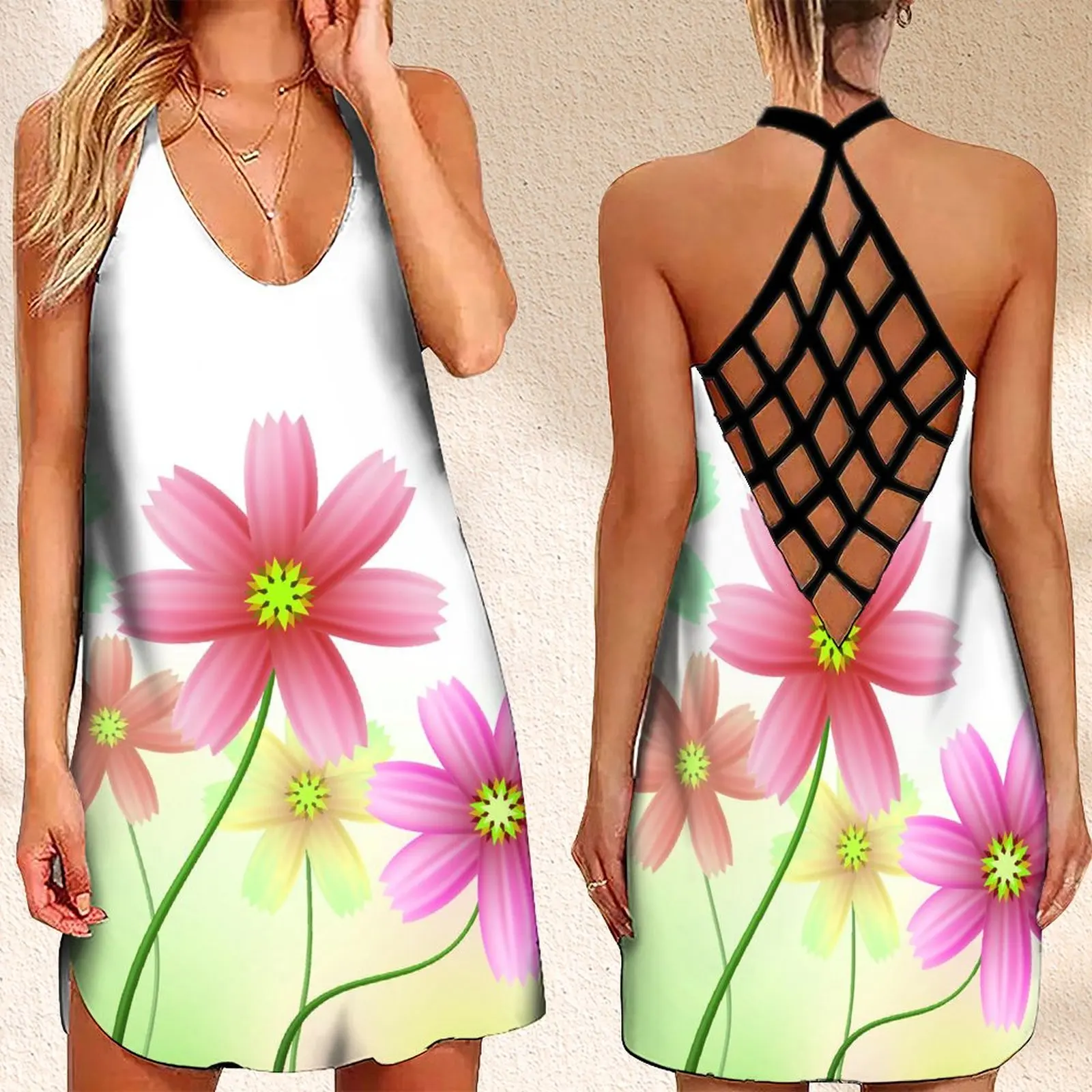 

New Women's Criss Cross Backless Sleeveless Dress SummerFlowers Colorful Print Clothing
