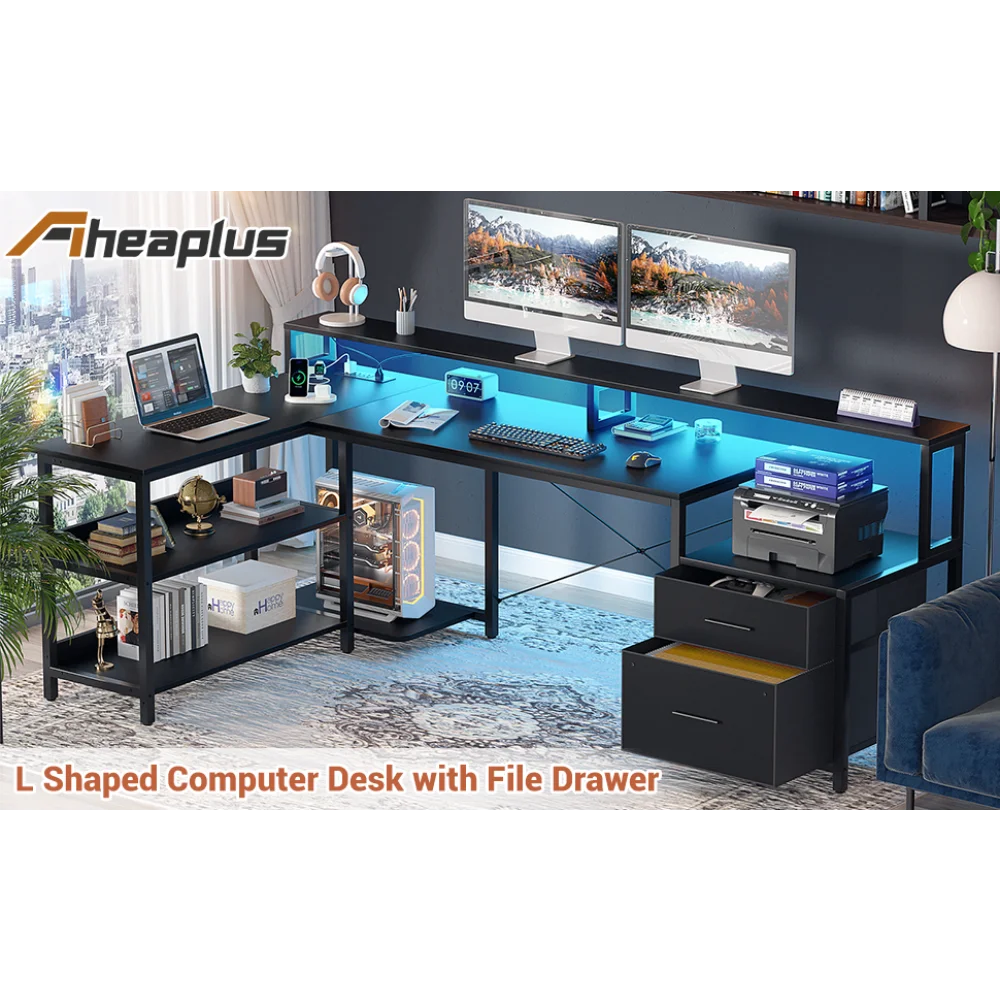 L Shaped Desk with File Drawer Reversible Home Office Desk Gaming Desk Corner Desk
