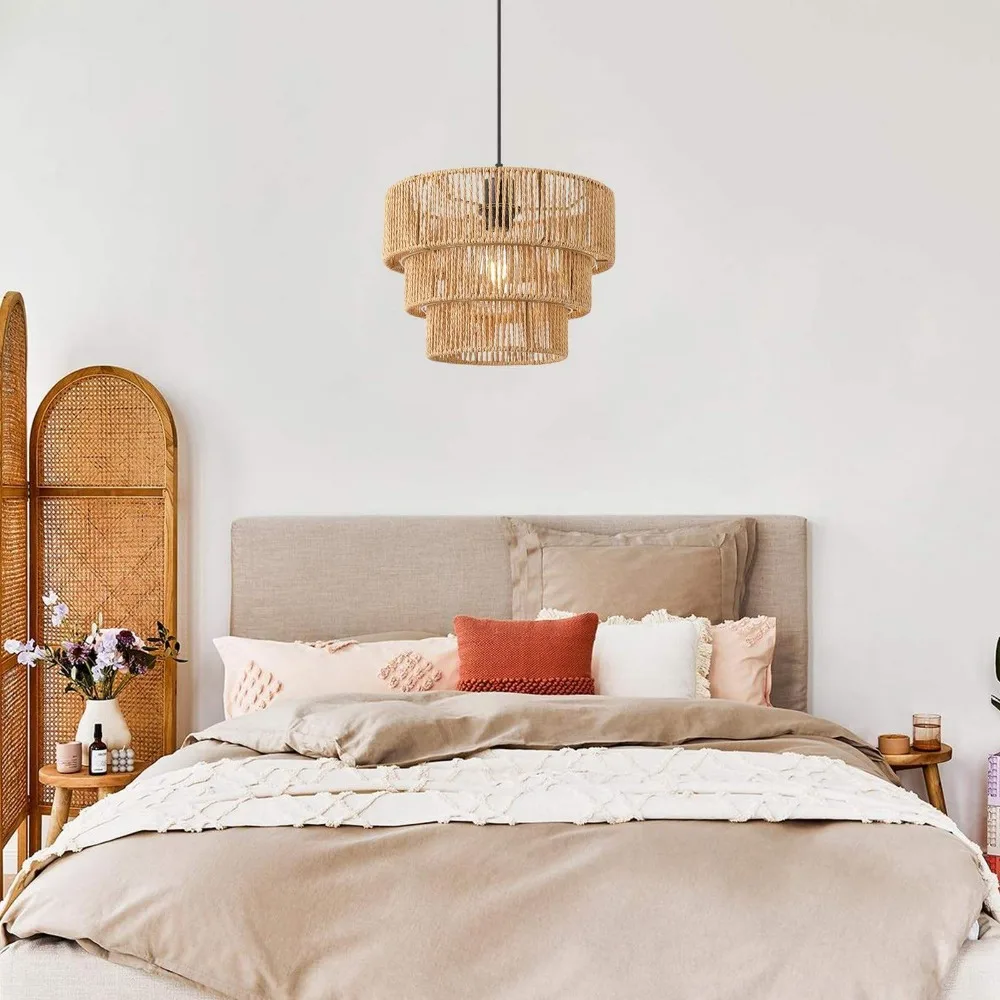 Handmade Natural Hemp Rope Chandelier Lamp Household Wood Woven Light for Homestay Cafe Bar Hotel Teahouse Indoor Decor Light