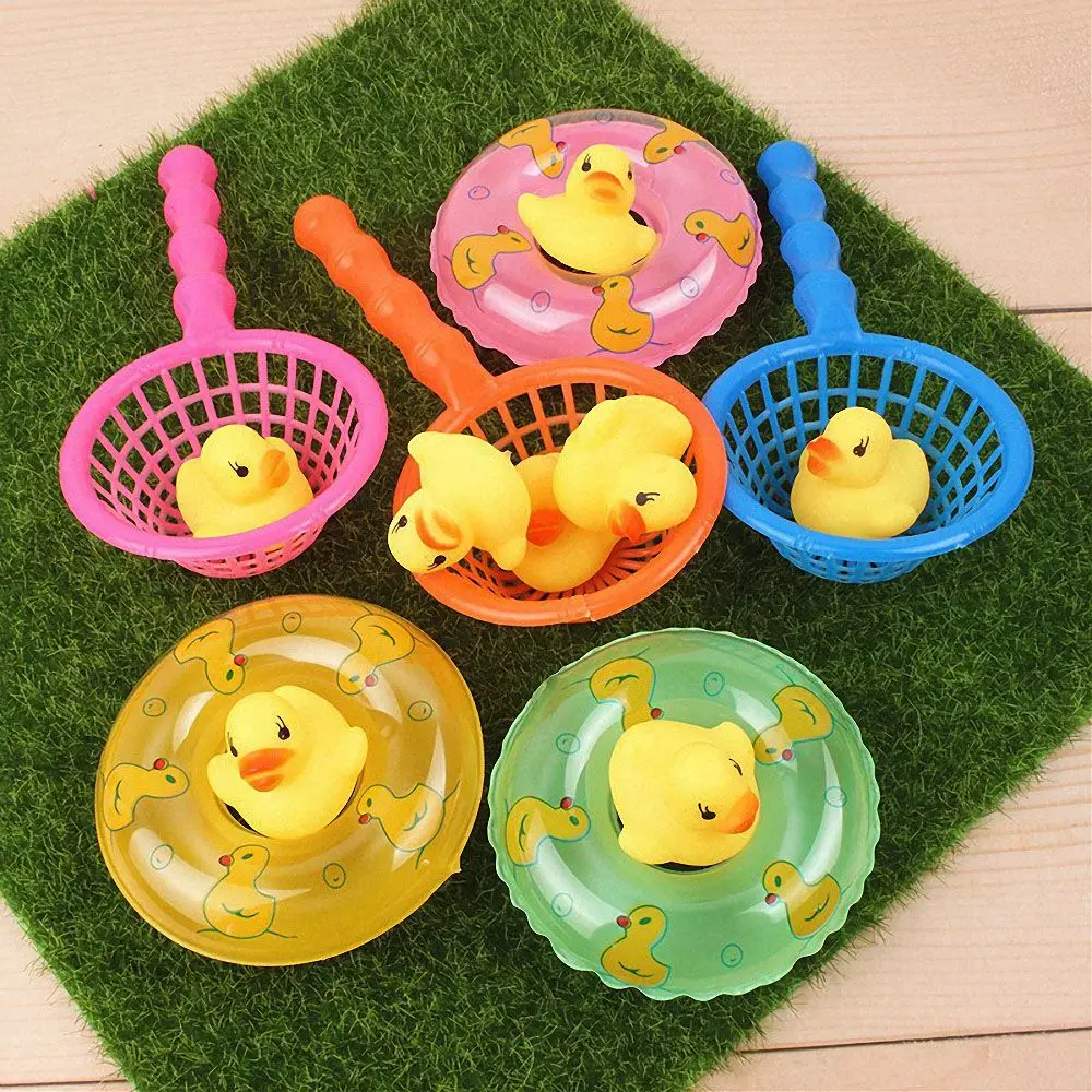 5Pcs/set Baby Bath Toy Kids Mini Floating Swimming Rings Rubber Yellow  Ducks Fishing Net Washing Swimming Toddler Toys Water Fun