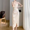High-end Feel French-style Slimming Tank Dress 2024 Summer Waist-fitted Medium-length A- line Skirt Sleeveless Side Slit