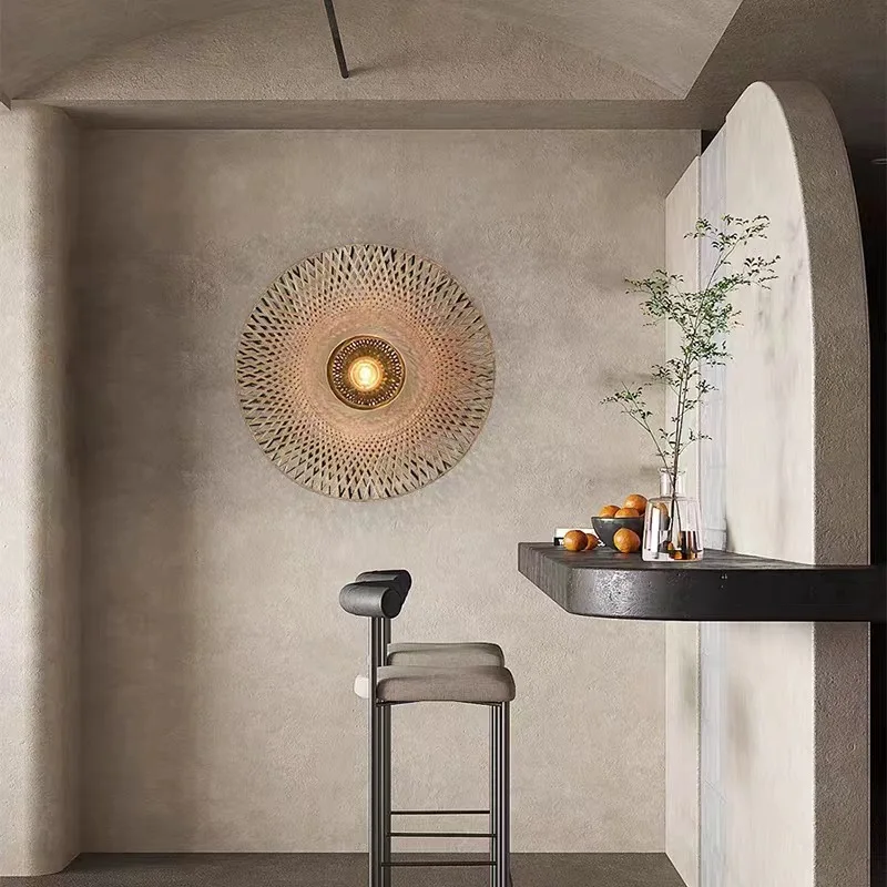

Wabi-sabi Bedroom Wall Lamp Chinese Tea Room Art Bedside Aisle Decoration Lamps Modern Retro Bamboo Wall Sconce Led Woven Lamp