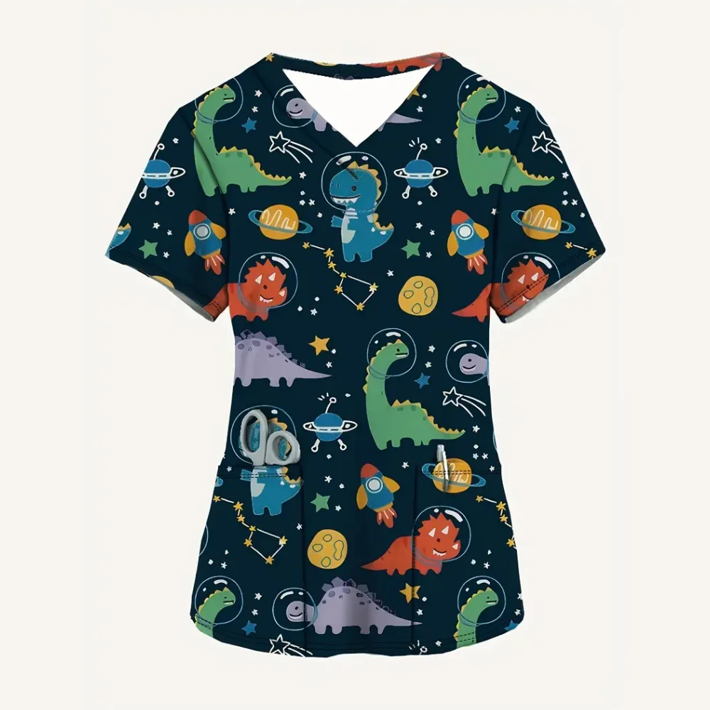 Clinical Uniform Woman Dinosaur Cartoon Print Microelastic V-Neck Scrub Uniform Fashion Short Sleeve with Pocket Medical Clothes - Image 2