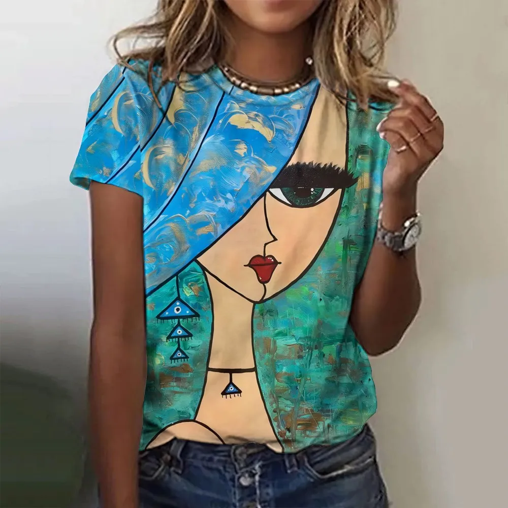 

2024 New Style T-Shirt For Women Oil On Canvas Girl Print Summer Oversized T-Shirts Women's Clothing O-Neck Shirt Big Size