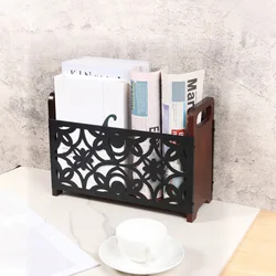 Rustic Wood and Metal Magazine Holder with Handle - Desktop Organizer and Decorative Storage Basket (Flower - 1Pc)