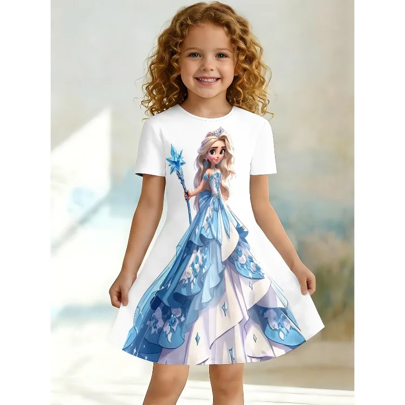 Mädchen-T-Shirt-Kleid mit Eisprinzessinnen-Aufdruck, blau-weißes Märchen-Kinderparty-Freizeitkleid, geeignet für Geburtstagsgeschenke