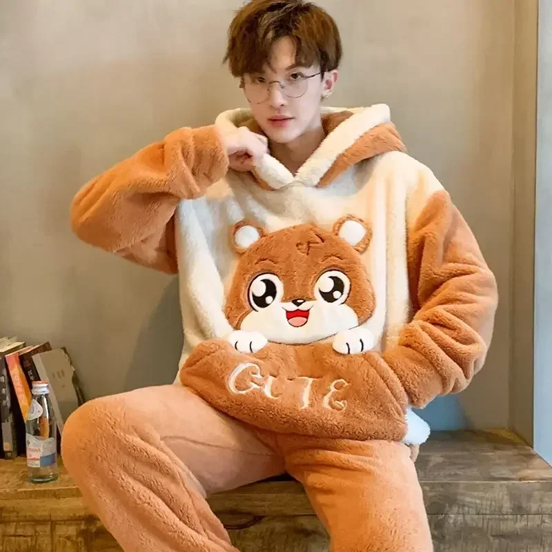 Autumn Winter Youth Sleep Clothes Suit Coral Plush Nightwear Large Size Pajamas Men Flannel Thicken Younger Male Homewear Set