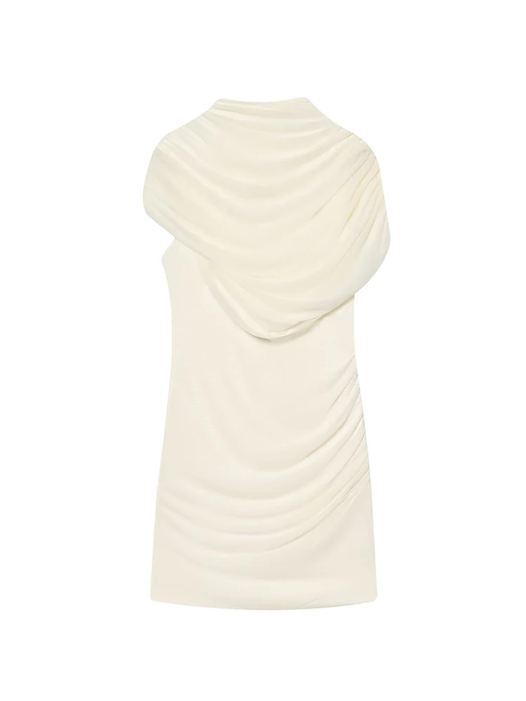  Fashion Women New Mini Dress Summer Solid Elegant Temperament Tierred Decoration Mesh Spliced Sleeveless Pleated Short Dresses