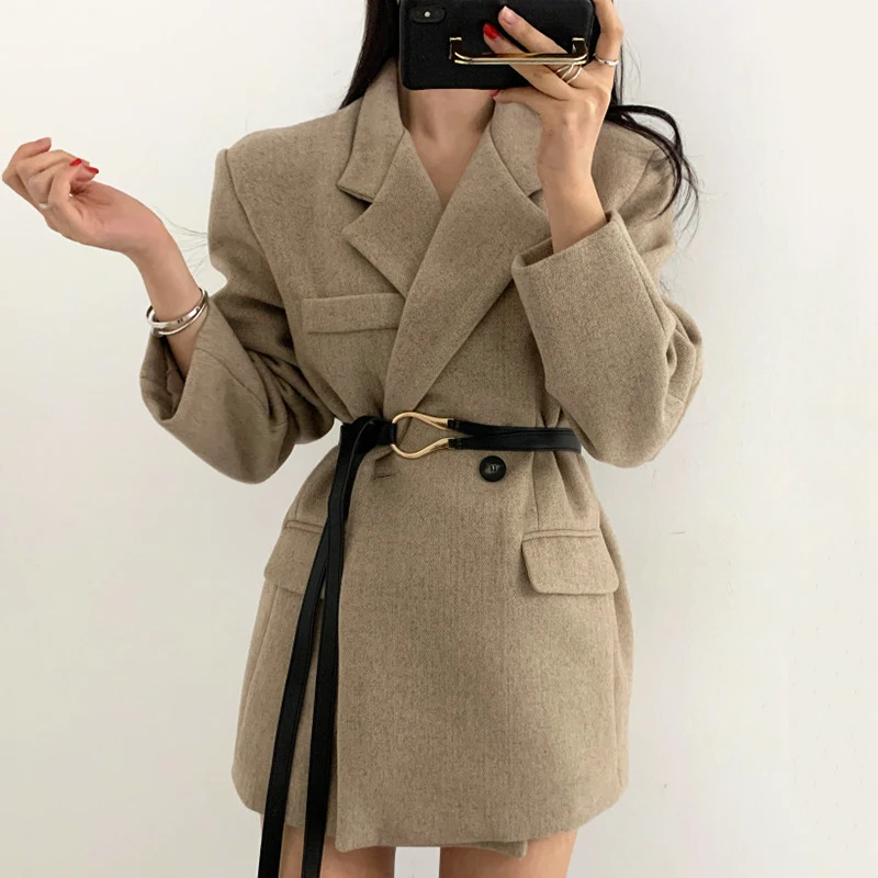 Long Sleeve Thick Turn-down Collar Double Breasted Minimalist Korean Ladies Jacket Women Autumn Winter Short Coat with Belt